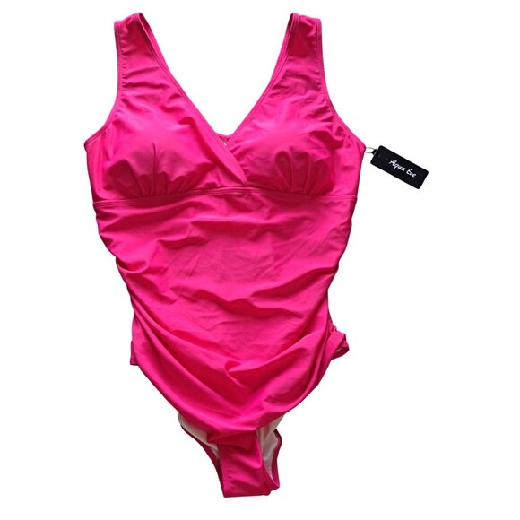 Aqua Eve Womens Plus Size 18W Hot Pink One-Piece Swimsuit Ruched V-Neck NEW Tags - Picture 1 of 12